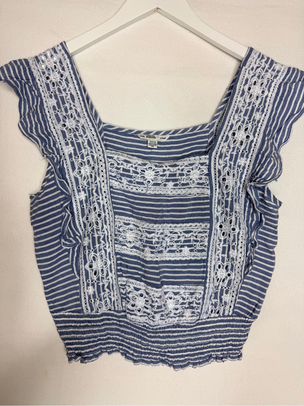 American Eagle Striped Blue & White Embroidered Square-Neck Women’s Top Small